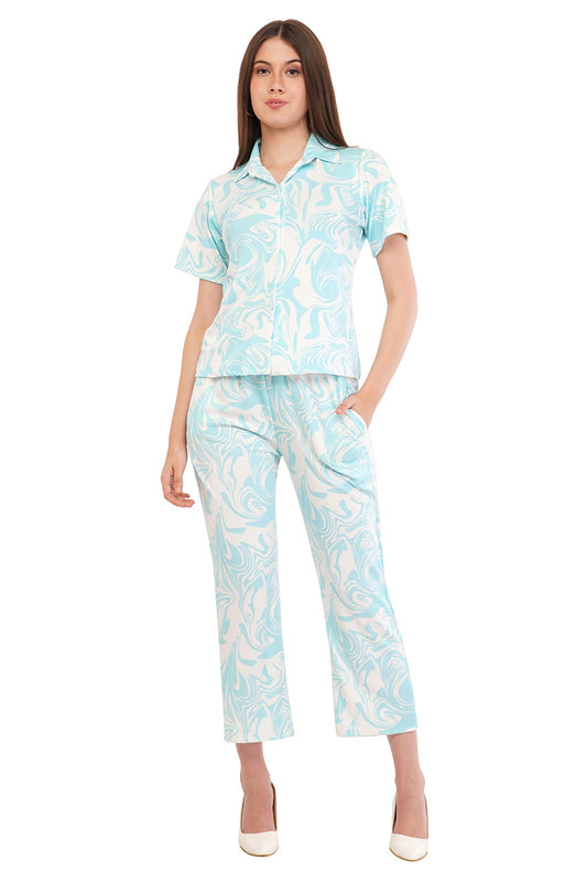 White Turquoise Blue Shirt & Pant Co-Ord  Set                                             