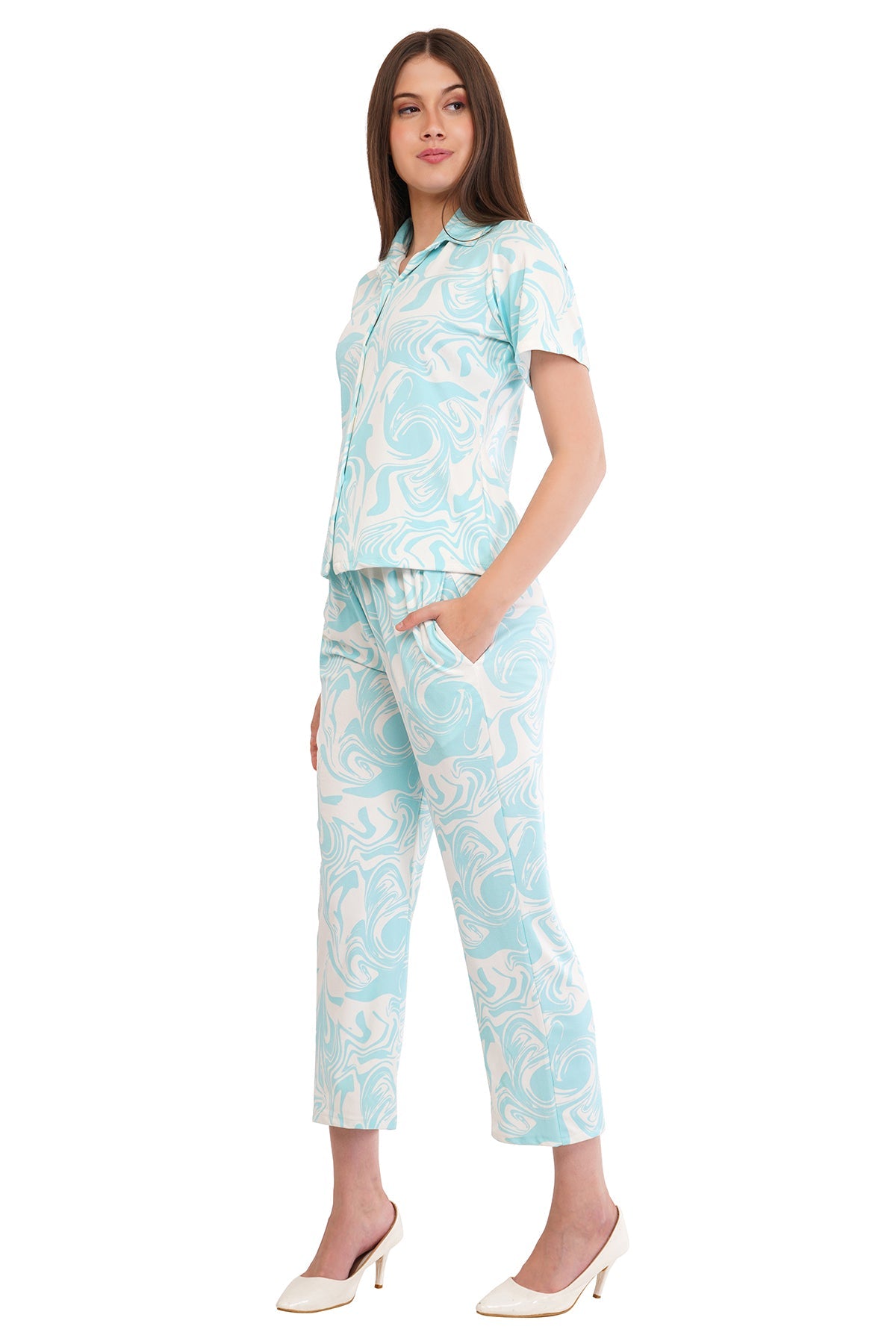 White Turquoise Blue Shirt & Pant Co-Ord  Set                                             