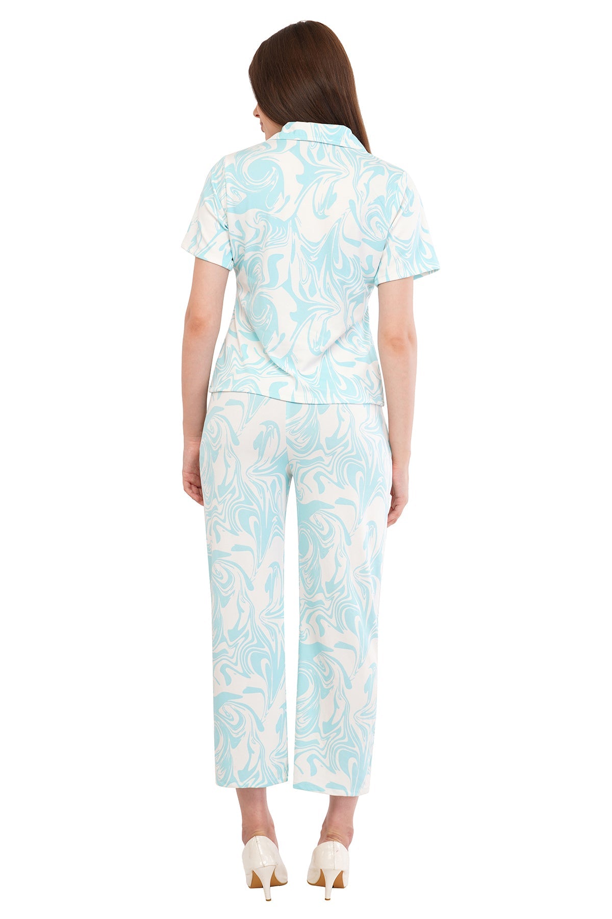 White Turquoise Blue Shirt & Pant Co-Ord  Set                                             