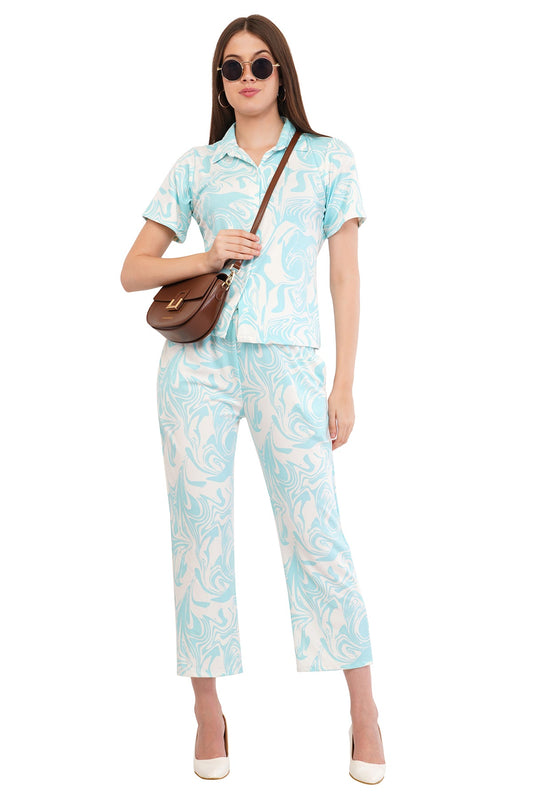 White Turquoise Blue Shirt & Pant Co-Ord Set