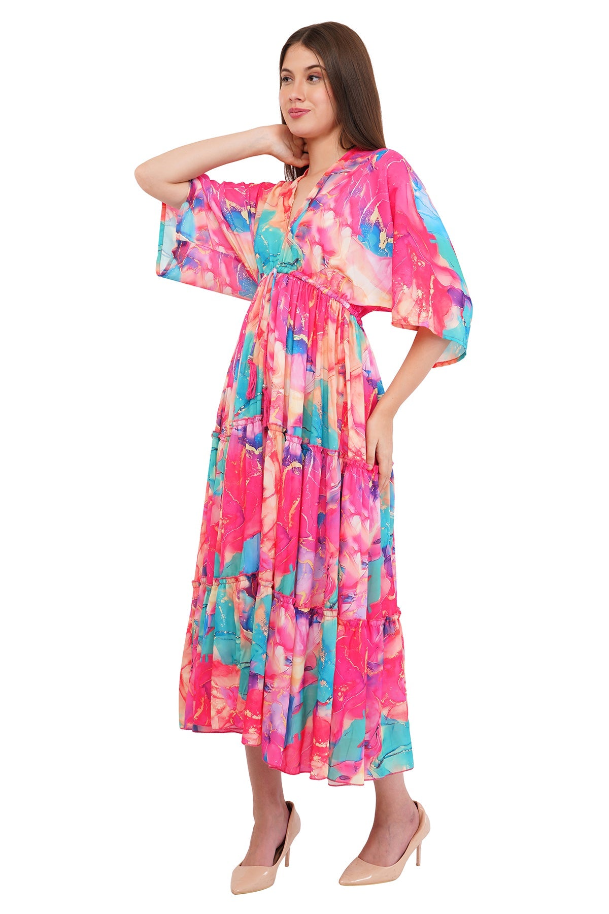 Pink Marble Flared Long Tier Dress with Strings                                    