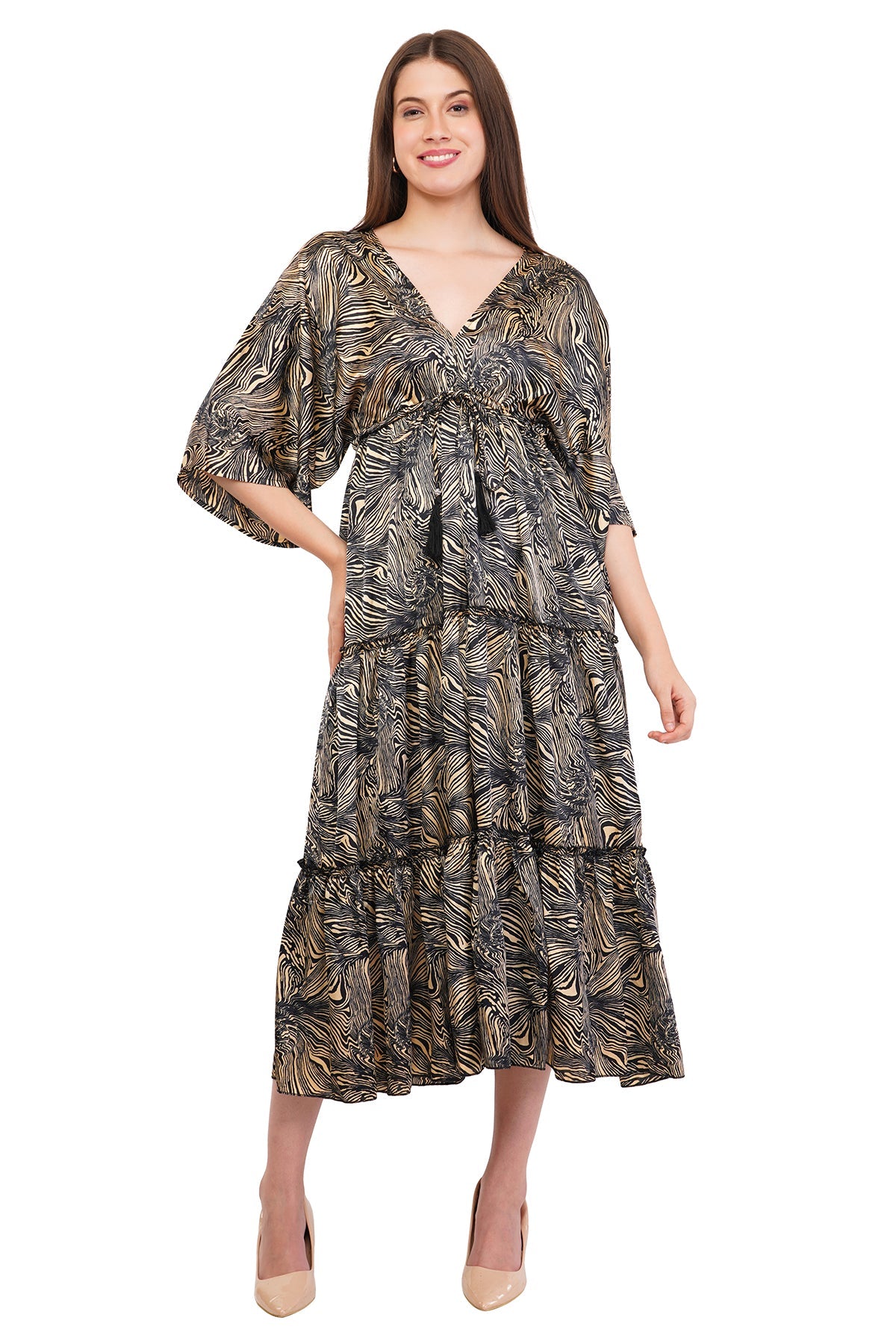 Black Marble Flared Long Tier Dress with Strings
