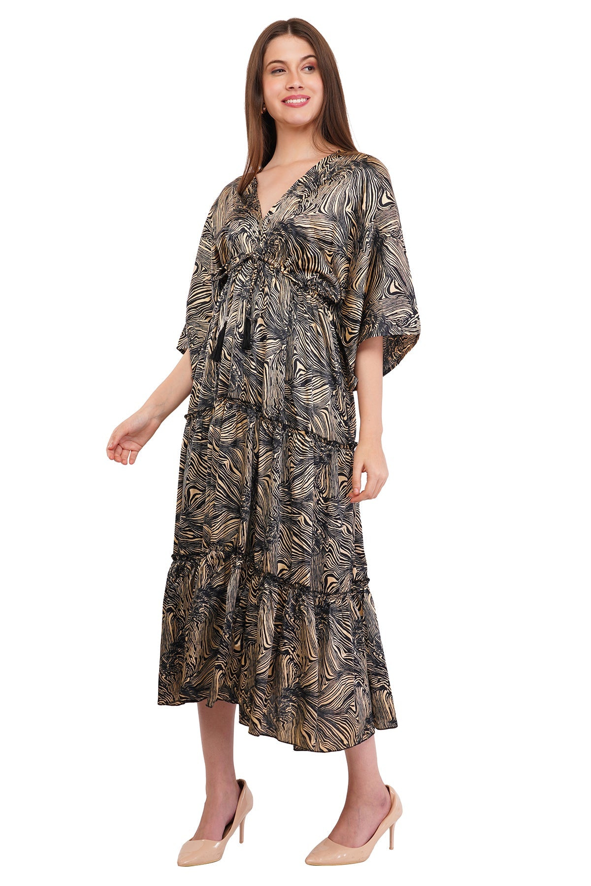 Black Marble Flared Long Tier Dress with Strings