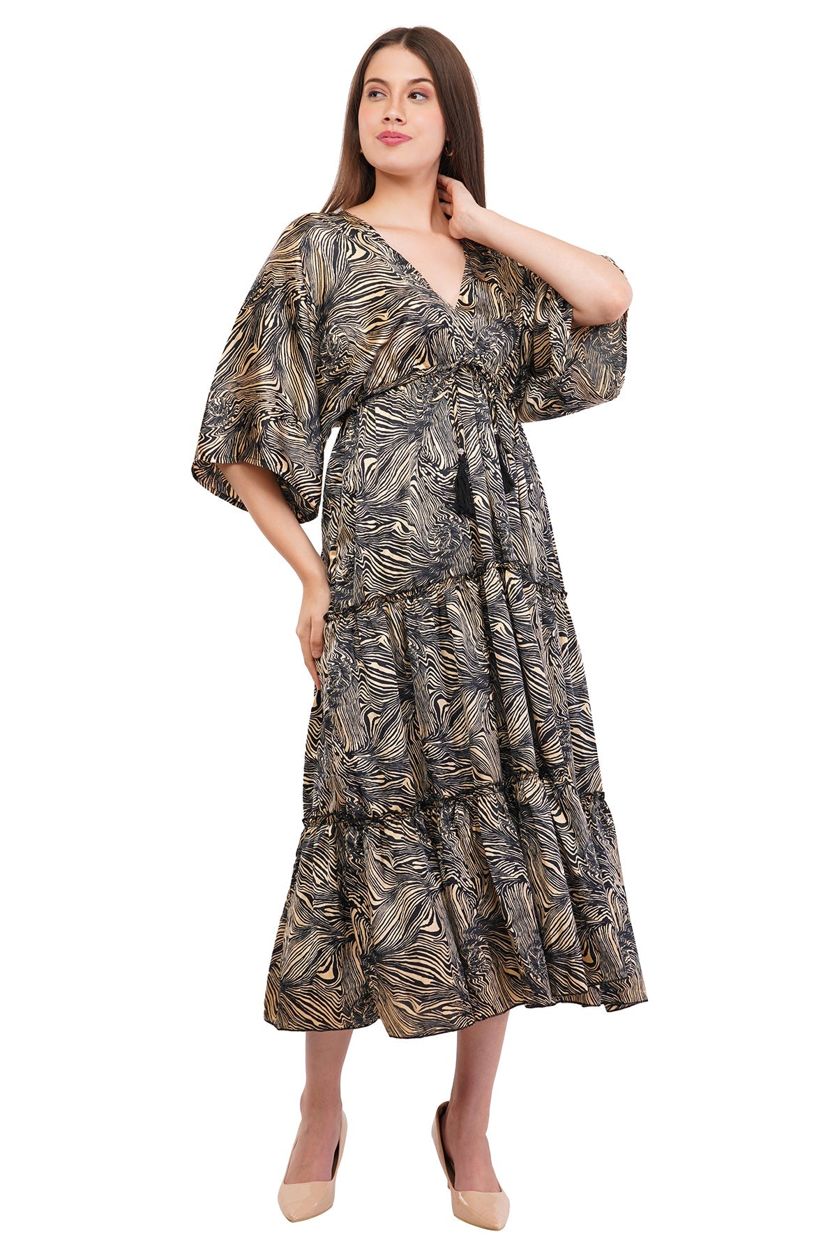 Black Marble Flared Long Tier Dress with Strings