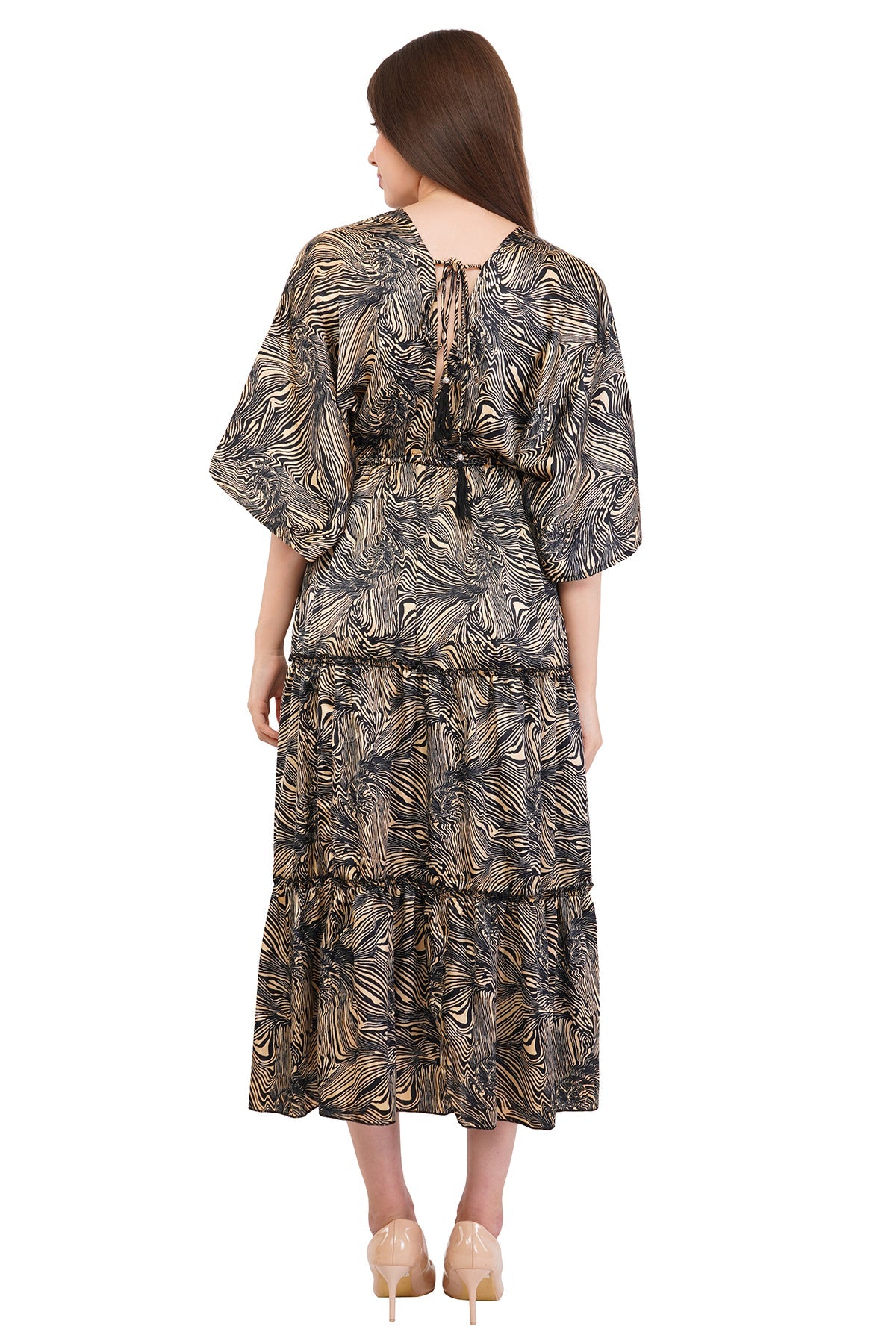 Black Marble Flared Long Tier Dress with Strings