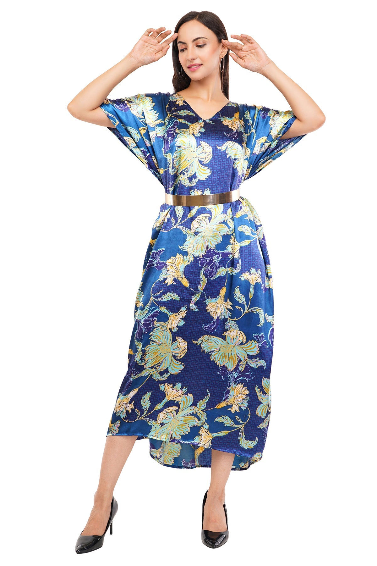 Blue Floral Long Kaftan with strings on the inside