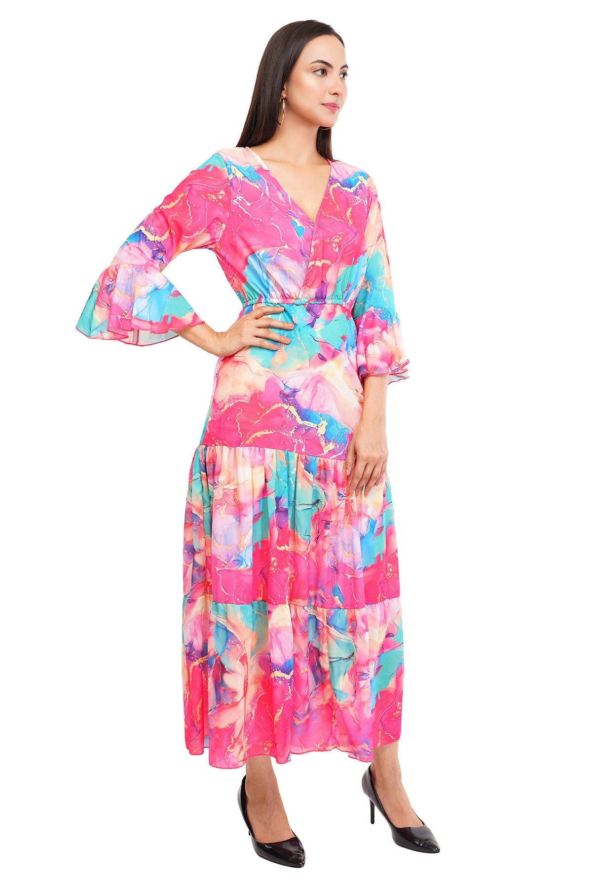 Pink Marble Flared Long A-Line Tier Dres