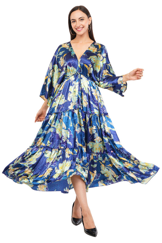 Blue Floral Flared Long Tier Dress with Strings                                 
