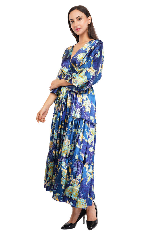 Blue Floral Flared Long Tier Dress with Strings                                 