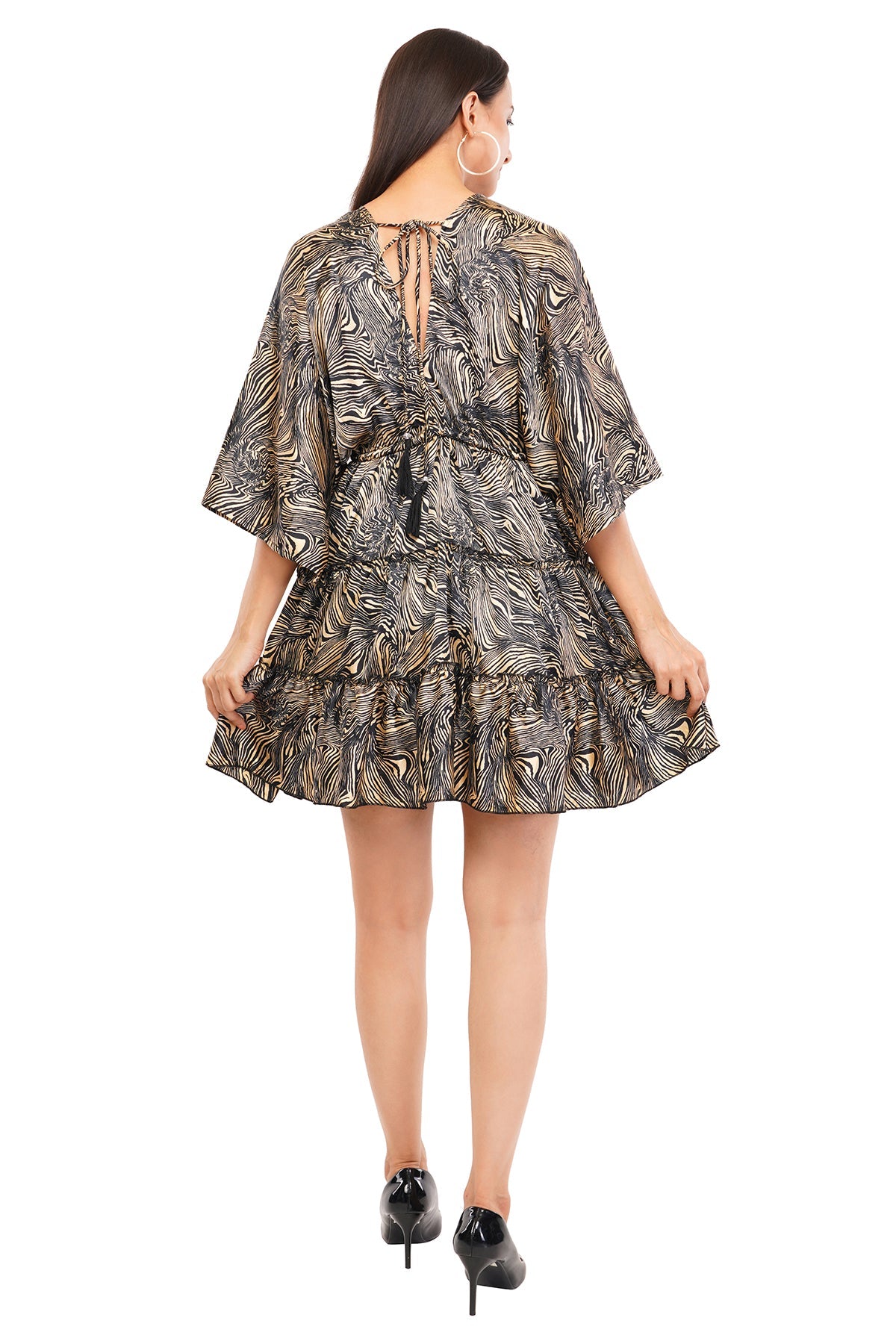Black Marbal Flared Short Tier Dress with Strings                       