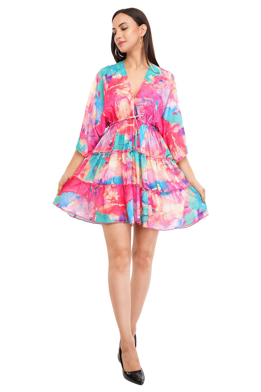Pink Marbal Flared Short Tier Dress with Strings  