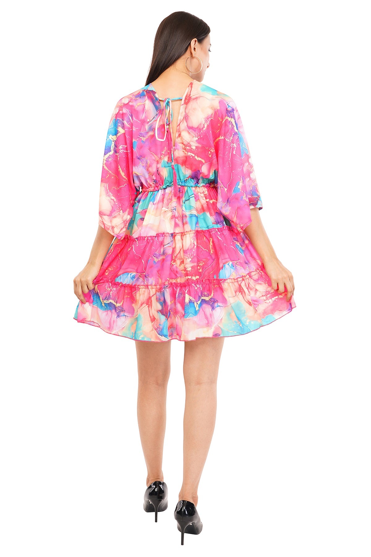 Pink Marbal Flared Short Tier Dress with Strings  