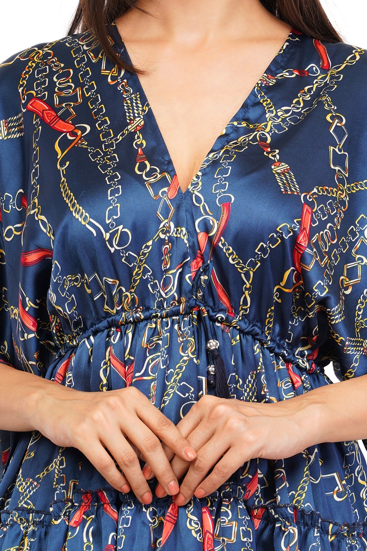Blue Chain Flared Short Tier Dress with Strings                              