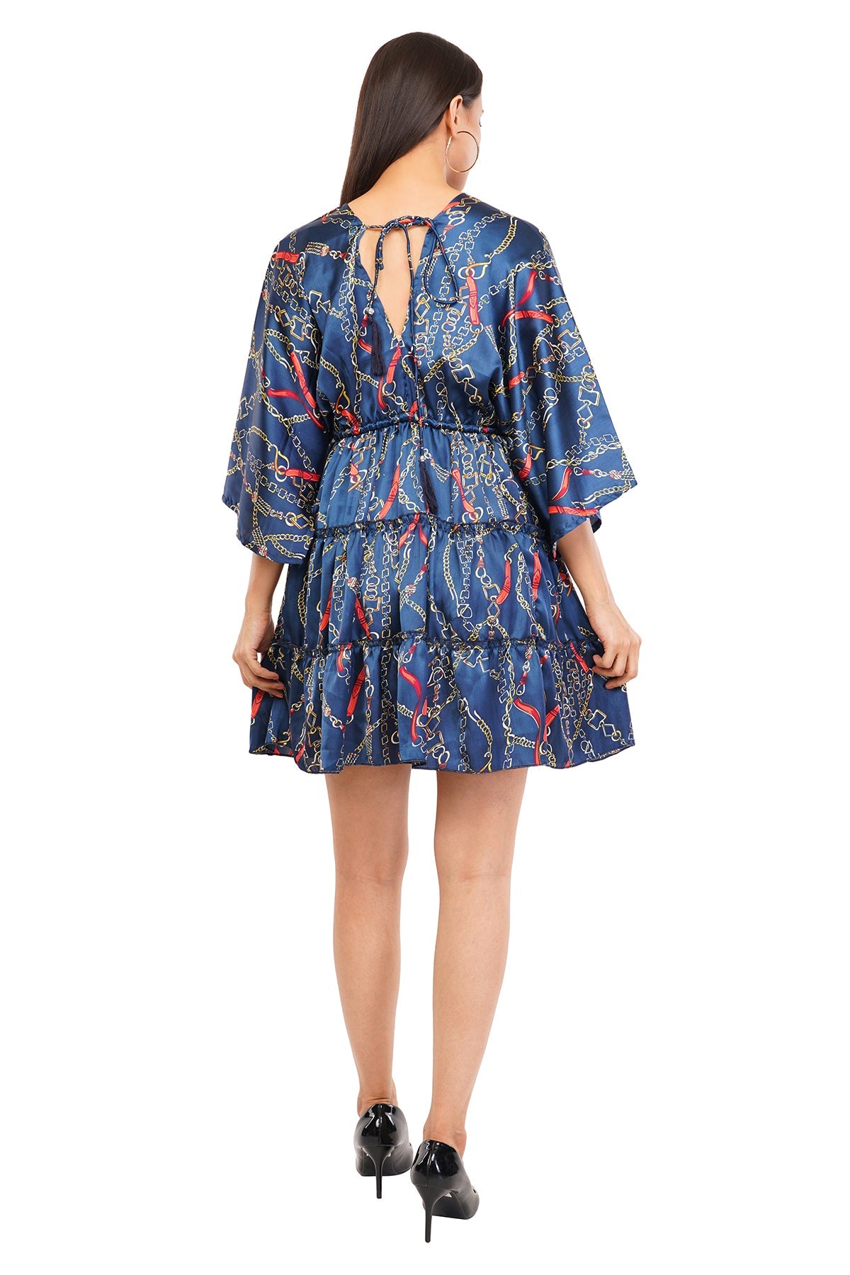 Blue Chain Flared Short Tier Dress with Strings                              