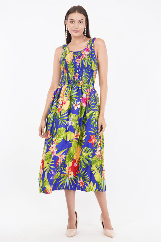 Tropical Blue Long Smock Dress with Belt