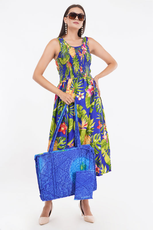 Tropical Blue Long Smock Dress with Belt 