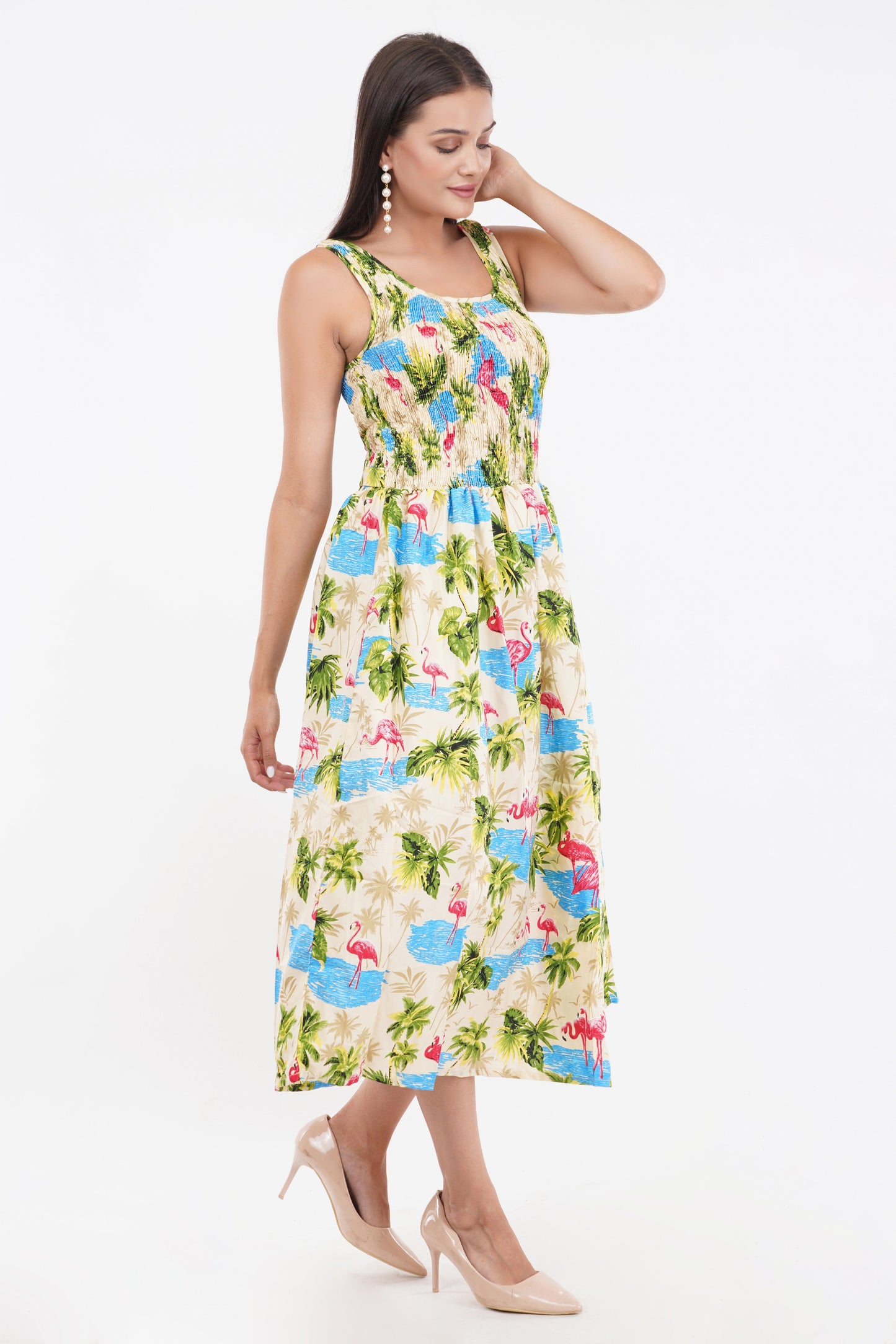 Tropical Flamingo Long Smocked Dress with Belt