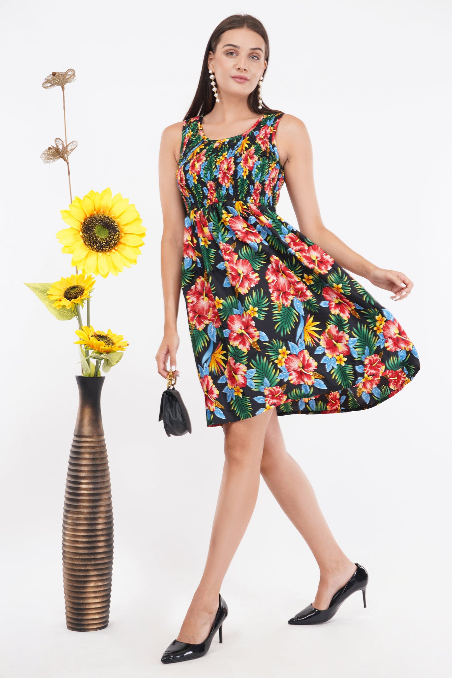 Tropical Flowers Short Smocked Dress