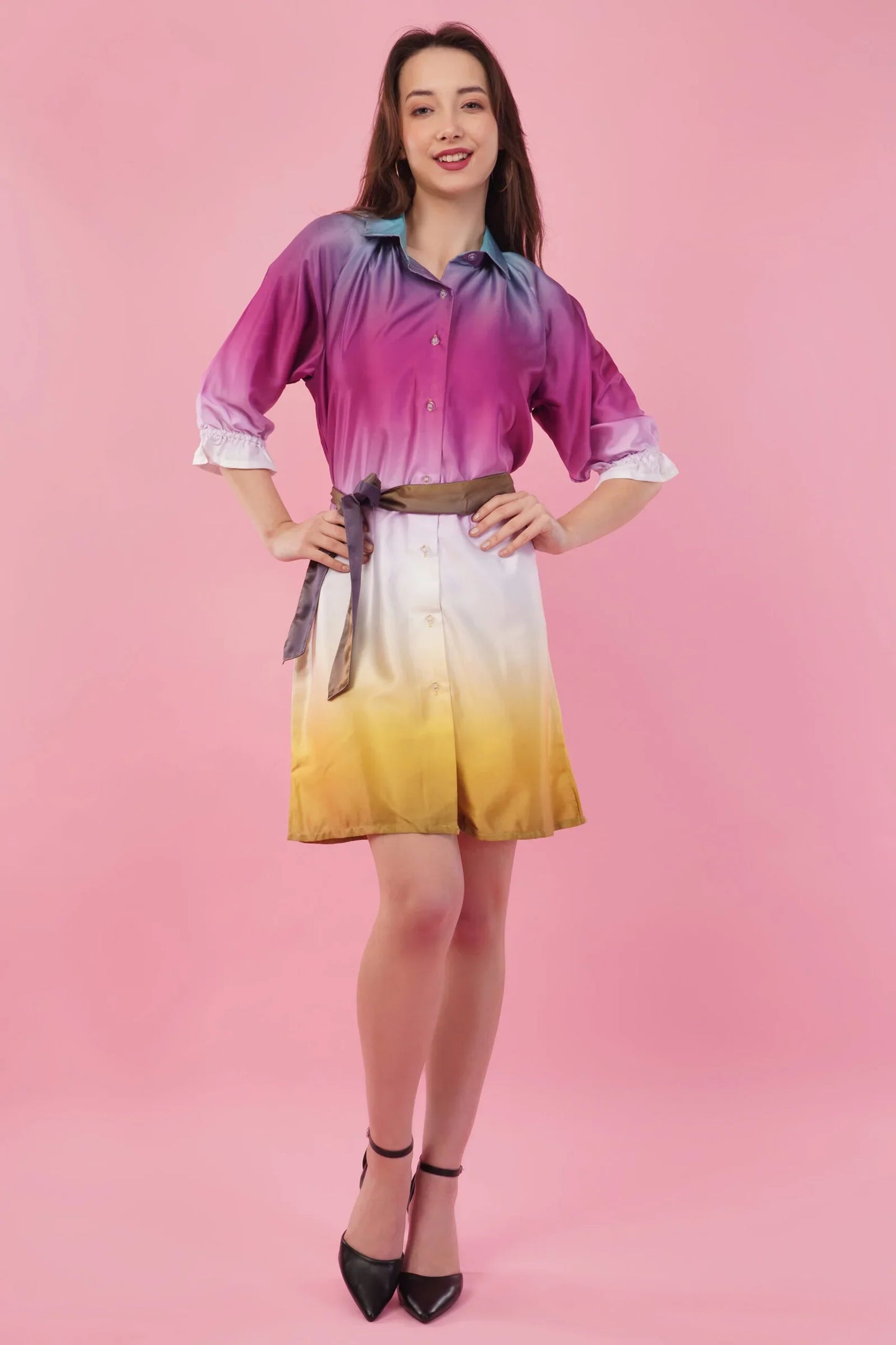 Ombre Short Shirt Dress with Belt