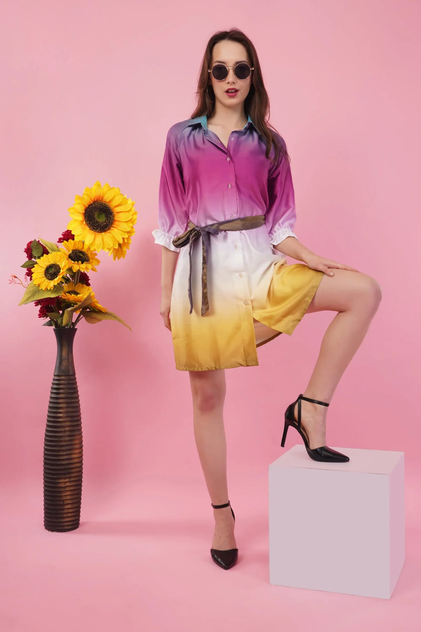 Ombre Short Shirt Dress with Belt