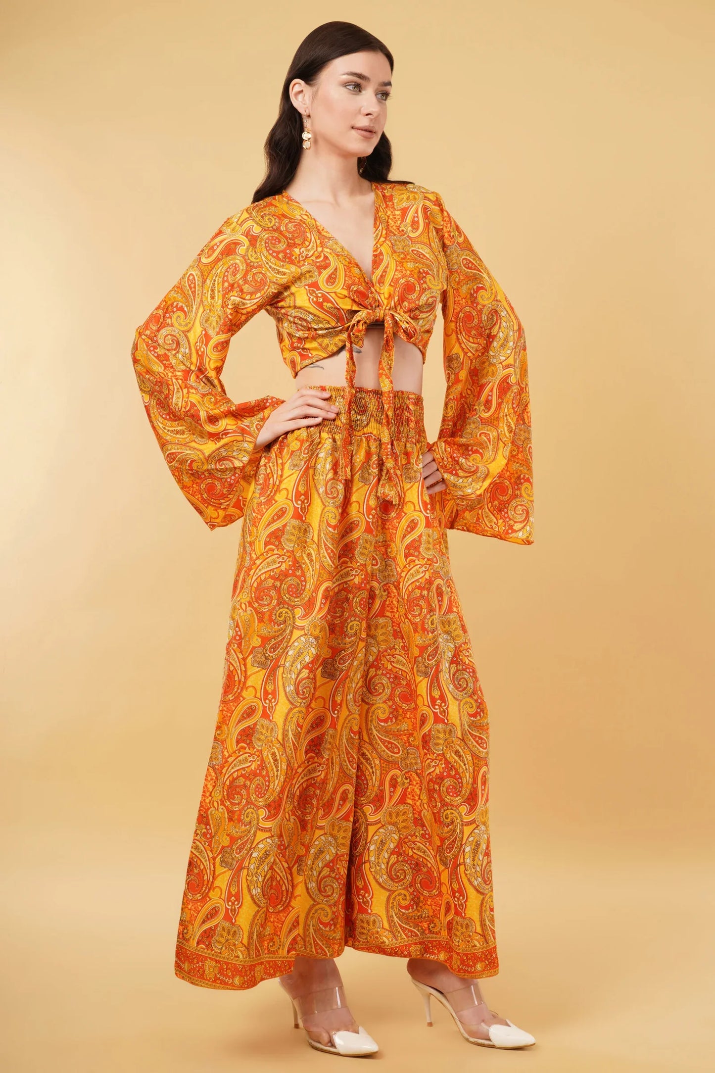 Boho Goddess Bell Sleeve top with Knot & Wide Legged Pant Co-Ord Set