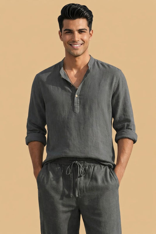 Grey Leisure Linen Men Co-ord Set
