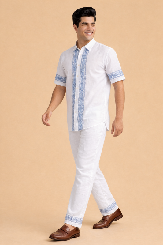 White & Blue Print Leisure Men Co-ord Set