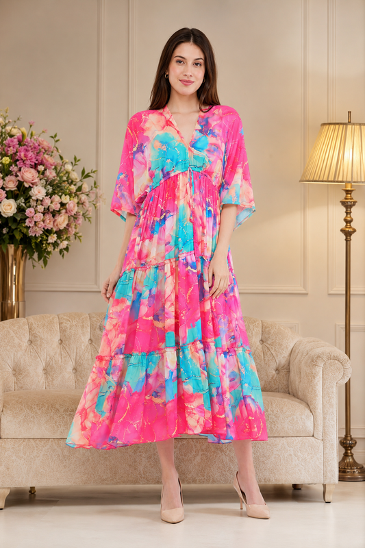 Pink Marble Flared Long Tier Dress with Strings                                    
