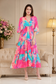 Pink Marble Flared Long Tier Dress with Strings                                    