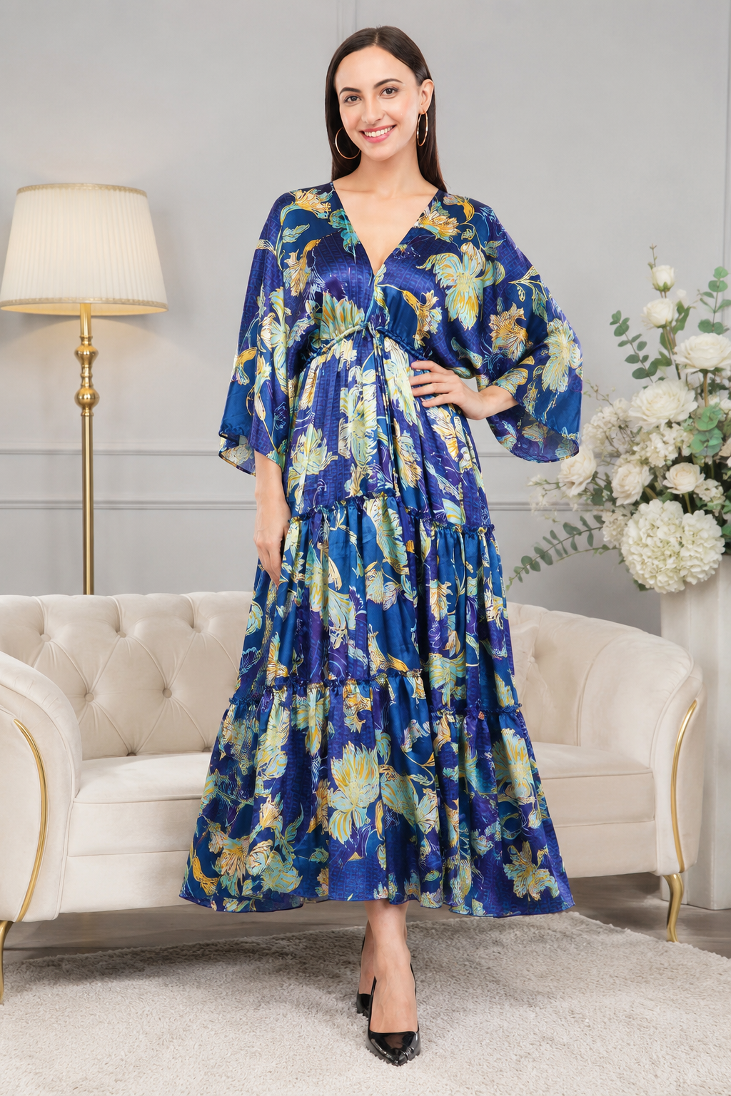Blue Floral Flared Long Tier Dress with Strings                                 