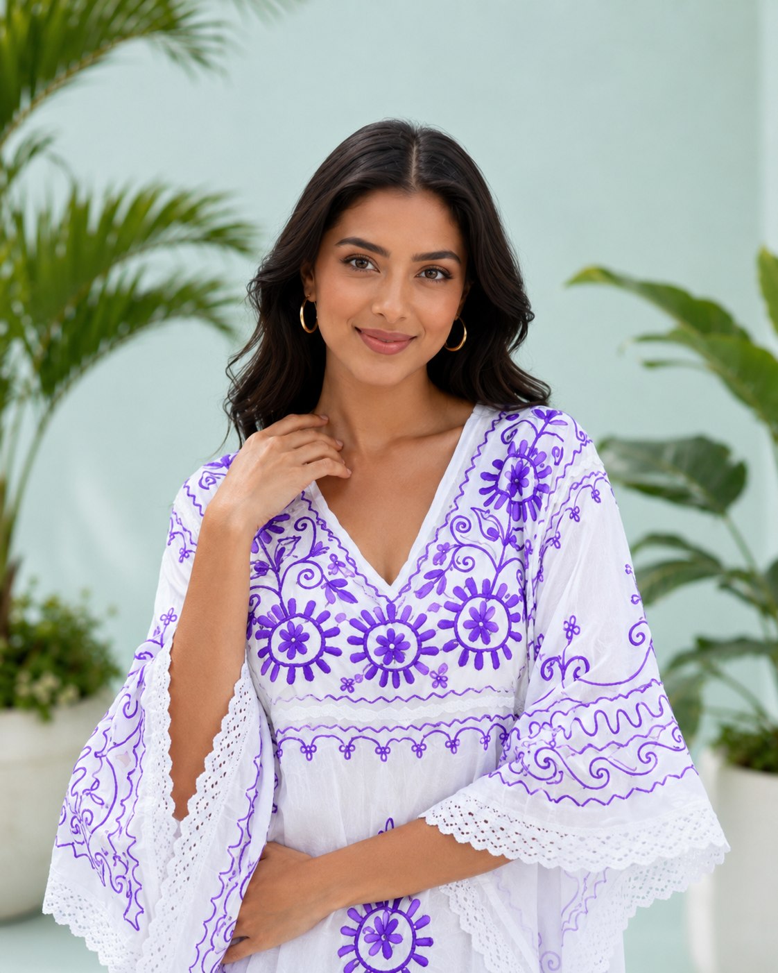 Diva Embroidered Orchid Half Circular Short Kaftan