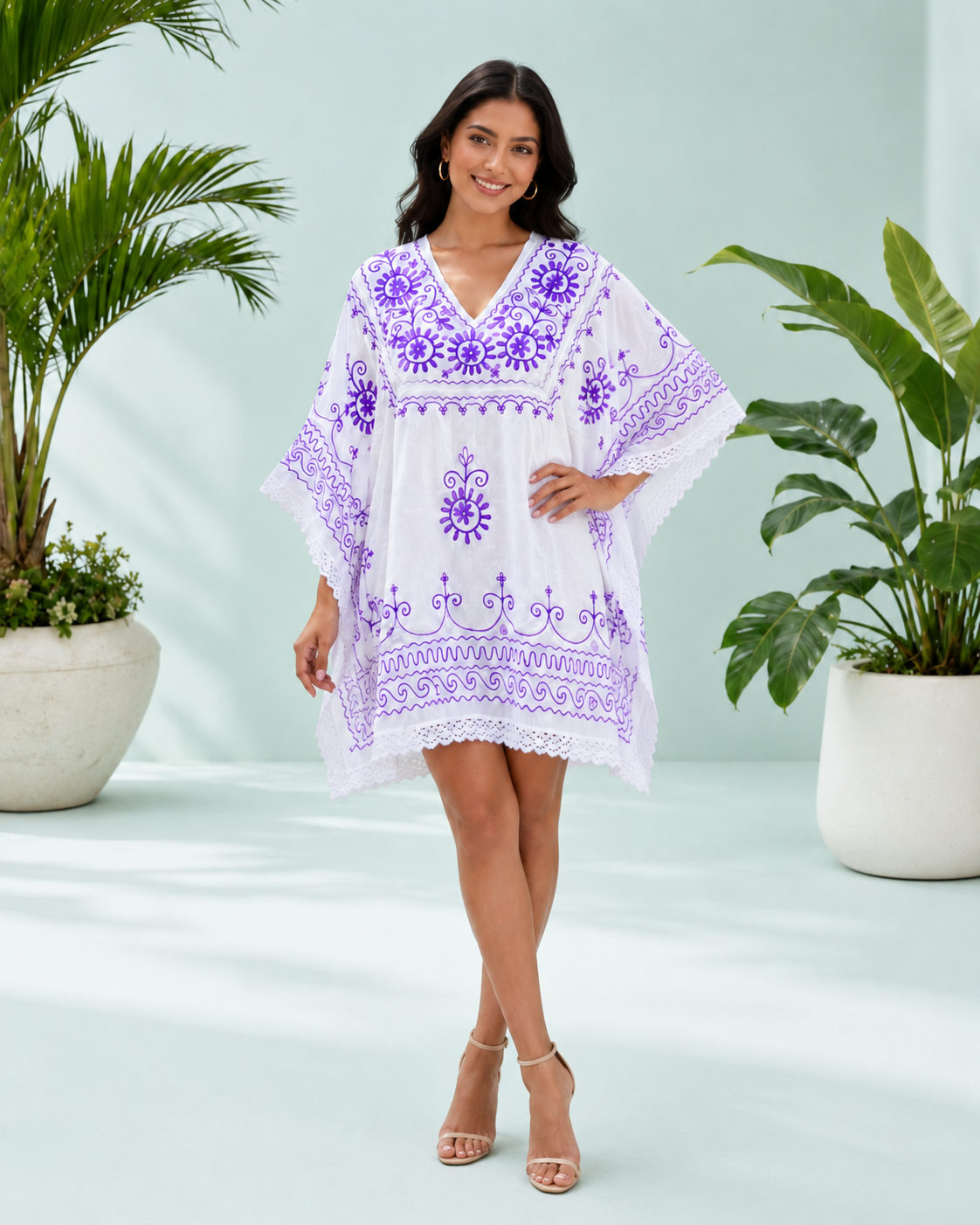 Diva Embroidered Orchid Half Circular Short Kaftan