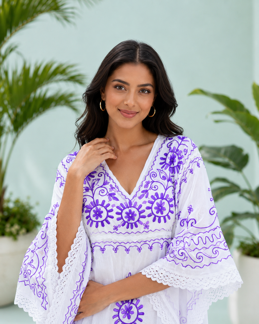 Diva Embroidered Orchid Half Circular Short Kaftan