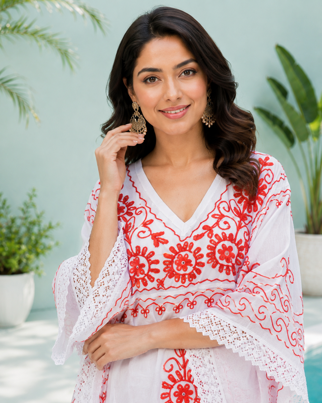 Diva Embroidered Ruby Half Circular Short Kaftan