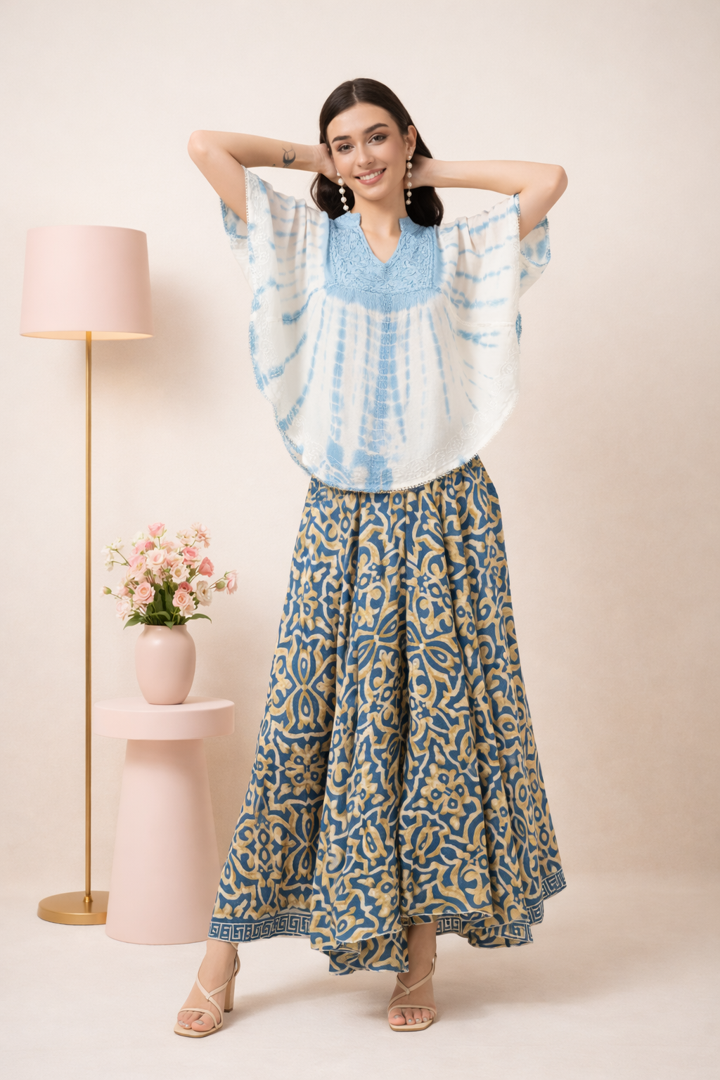 Amy Aqua Embroidered Tie Dye Short Poncho Kaftan Relax Fit