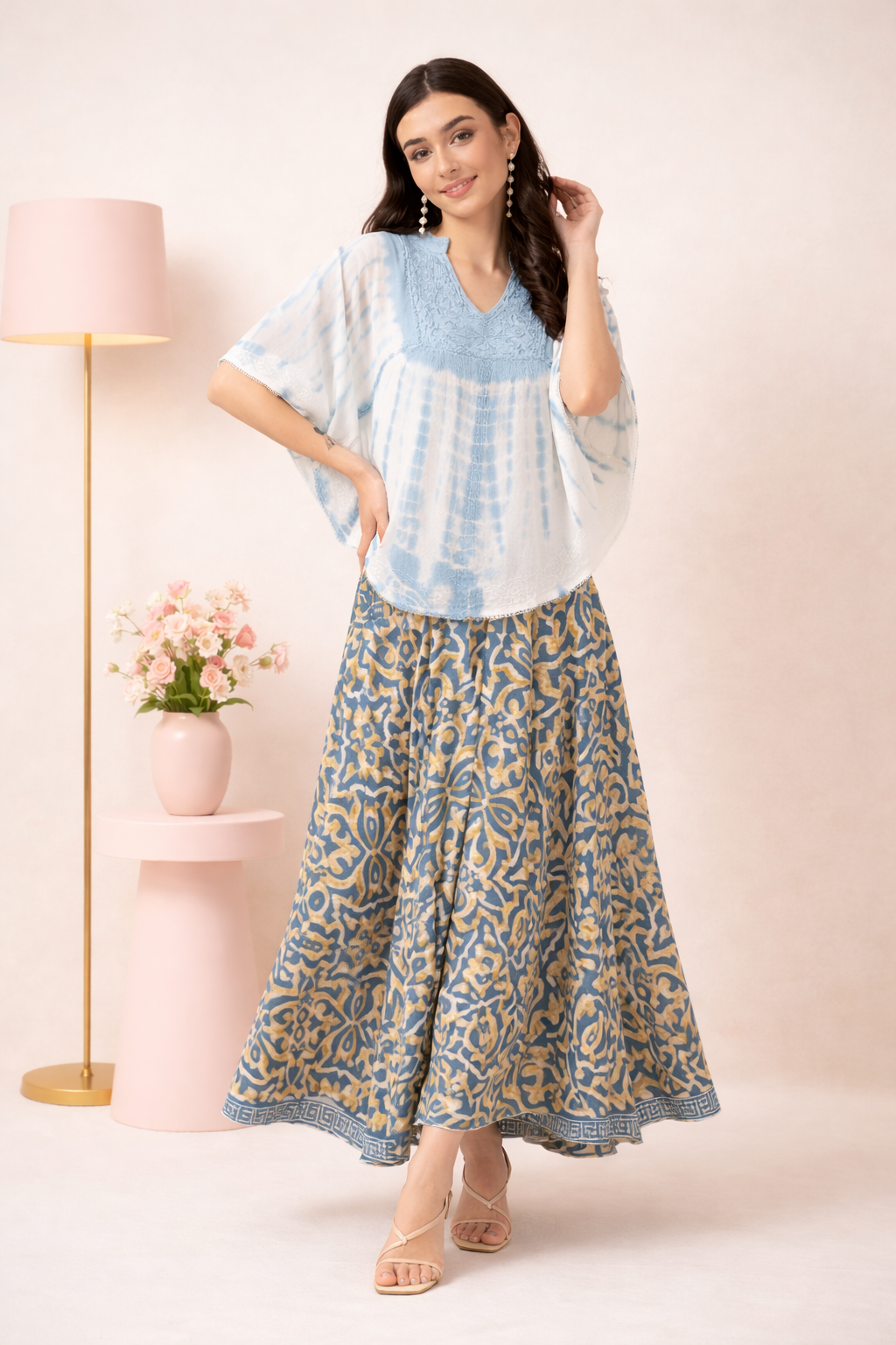 Amy Aqua Embroidered Tie Dye Short Poncho Kaftan Relax Fit