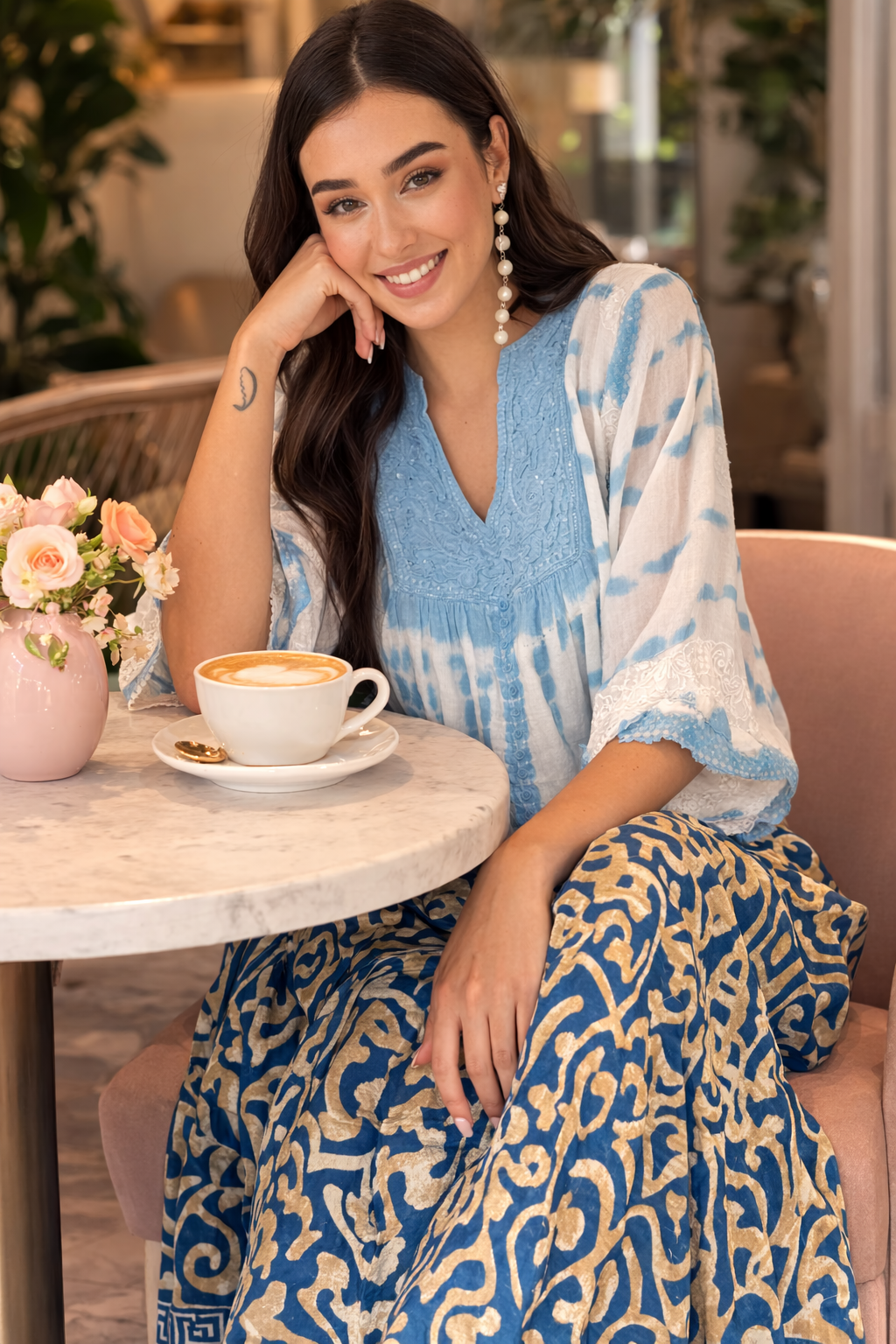 Amy Aqua Embroidered Tie Dye Short Poncho Kaftan Relax Fit