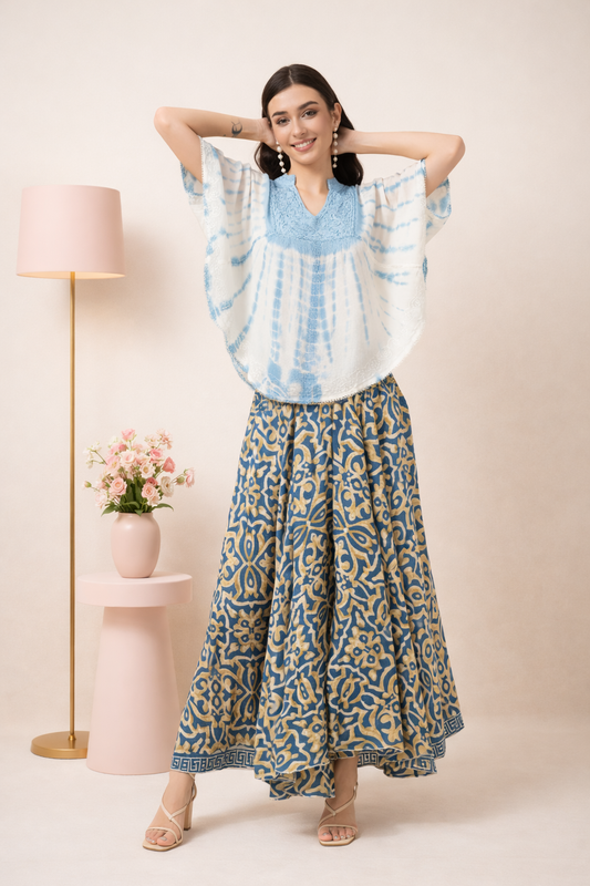 Amy Aqua Embroidered Tie Dye Short Poncho Kaftan Relax Fit