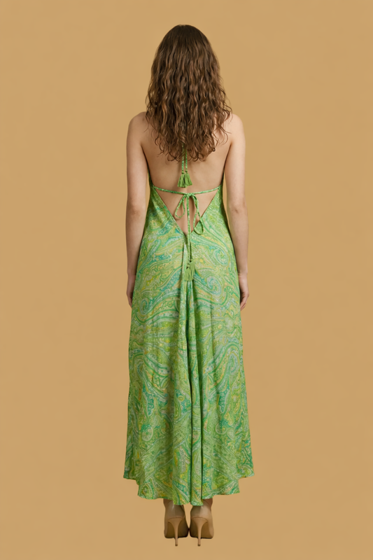 Backless Green Paisley Silk Long Dress