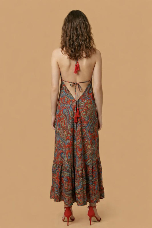 Backless Red Paisley Silk Long Dress