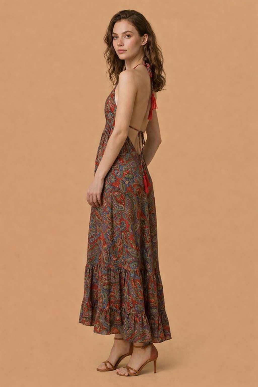 Backless Red Paisley Silk Long Dress