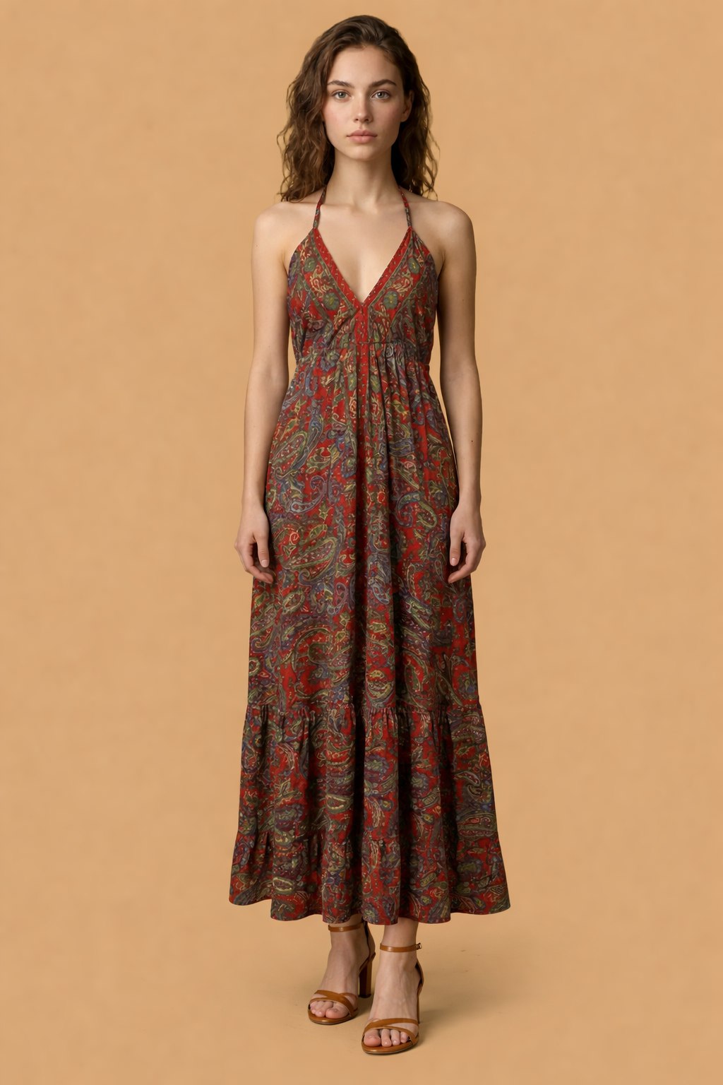 Backless Red Paisley Silk Long Dress