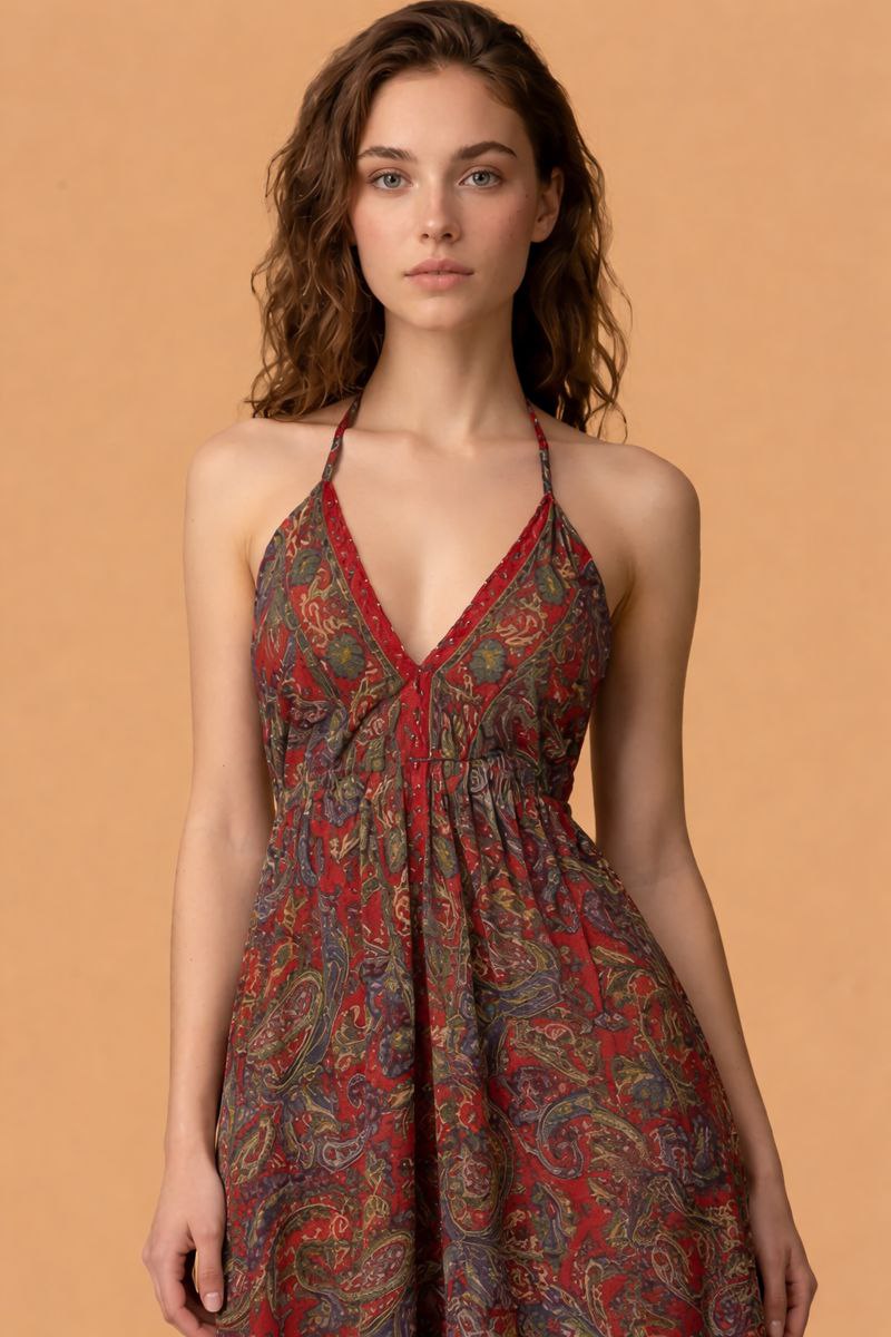 Backless Red Paisley Silk Long Dress