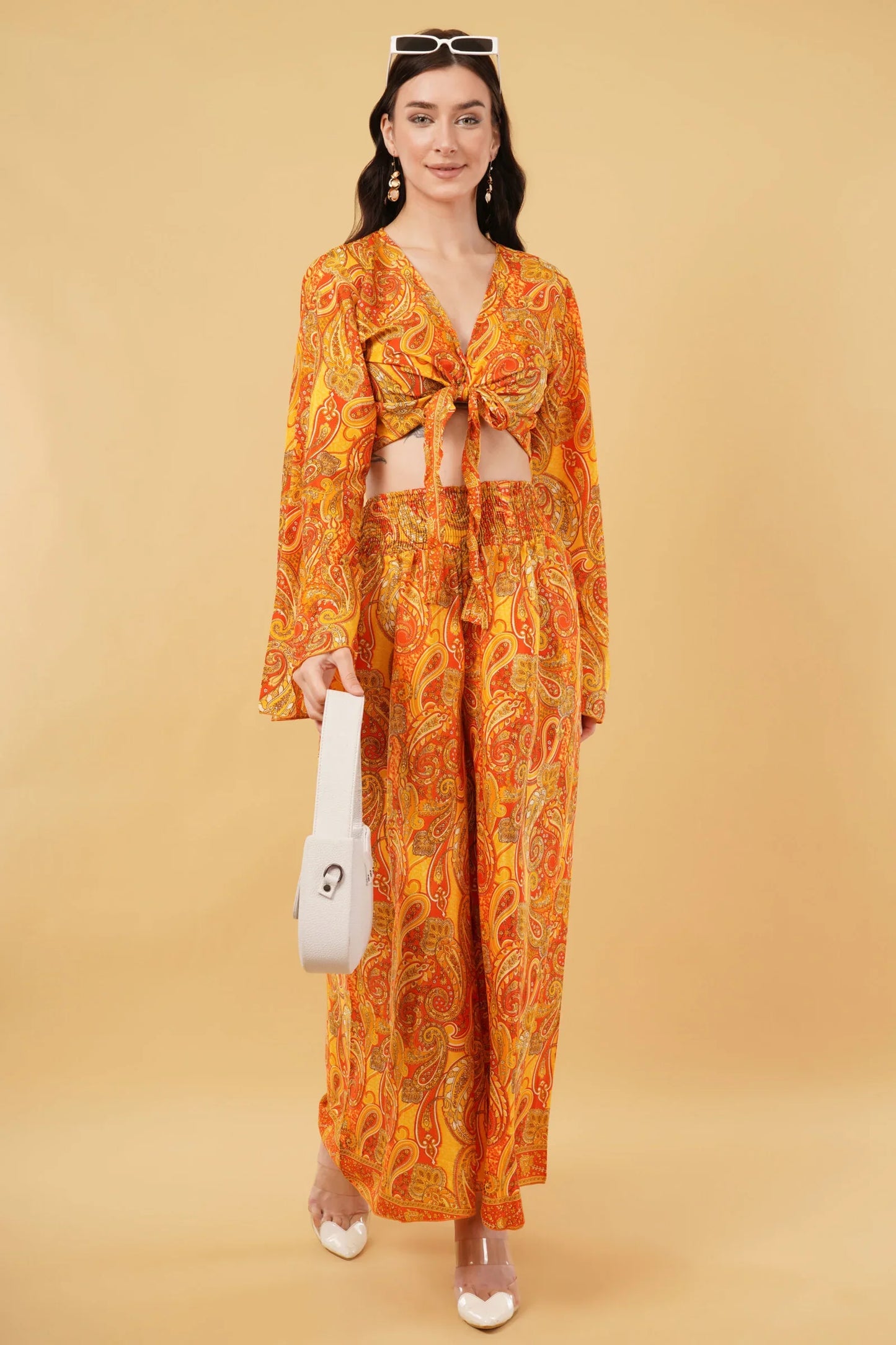 Boho Goddess Bell Sleeve top with Knot & Wide Legged Pant Co-Ord Set