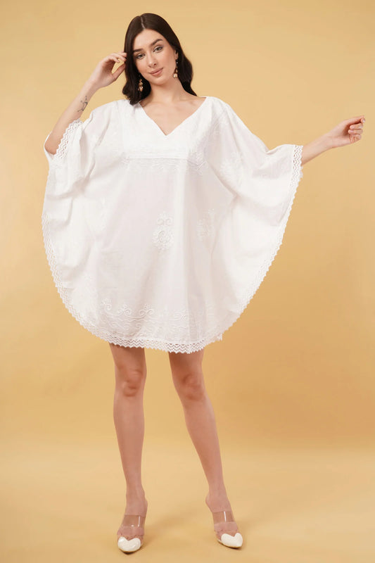 Diva Embroidered Half Circular White Short Kaftan