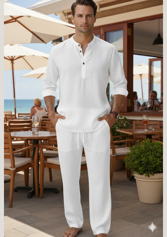 White Leisure Linen Men Co-ord Set