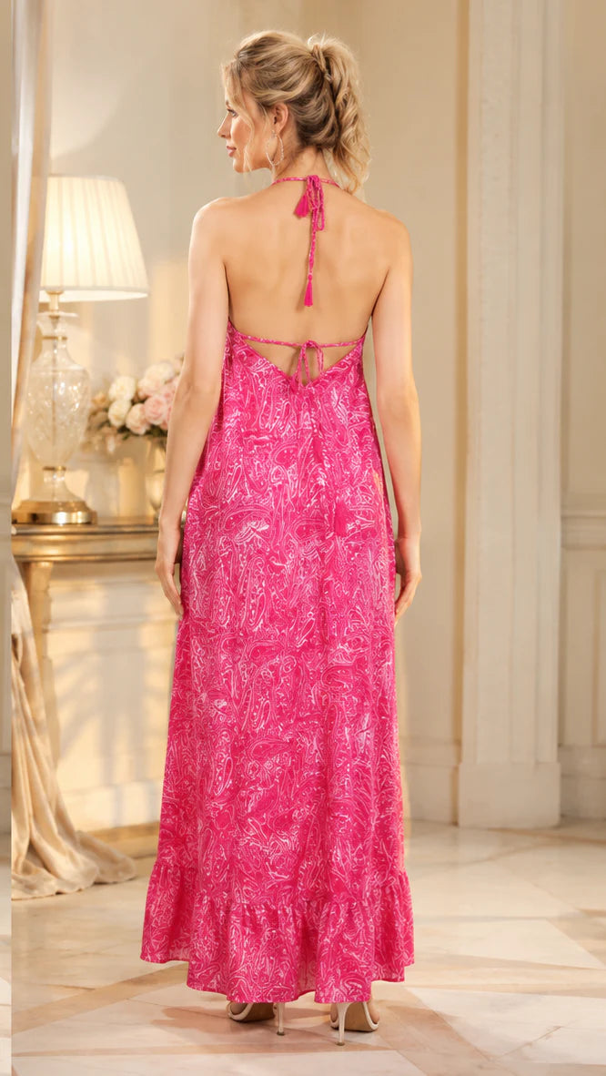 Backless Carnation Paisley Silk Long dress
