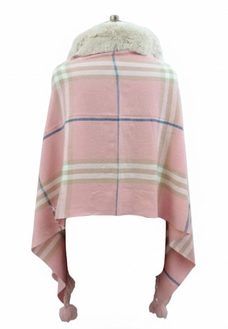 Rose Pink Contrast Check Cape with Faux Fur