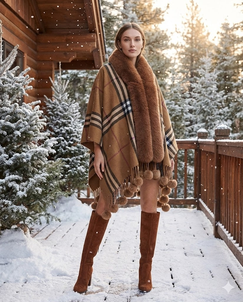 Bronze Contrast Check Cape with Faux Fur