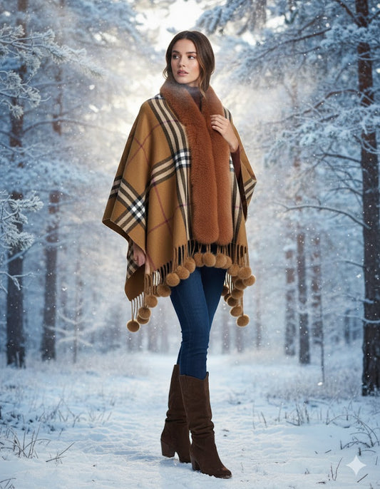 Bronze Contrast Check Cape with Faux Fur